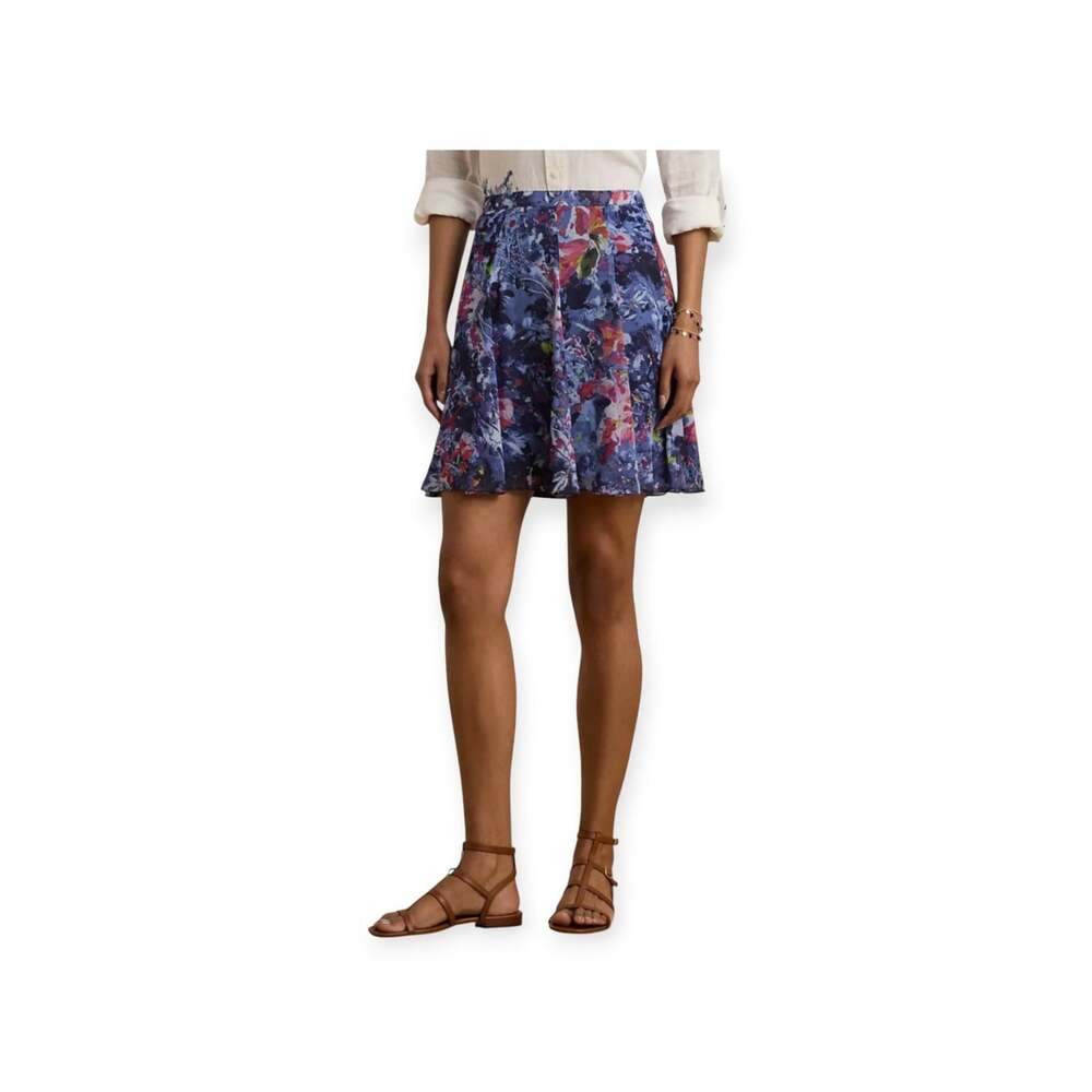 Lauren Ralph Lauren Print Crinkle Georgette Miniskirt Size 16 Floral Blue Purple
